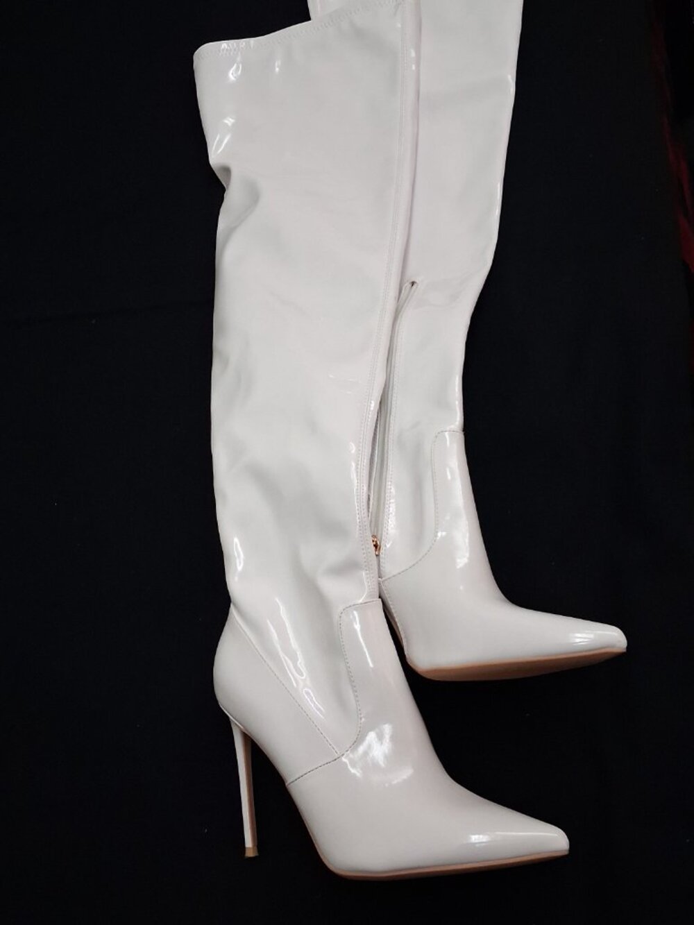 Elisabet Tang White Patent Thigh High Stiletto Heel Boots Size 9.5